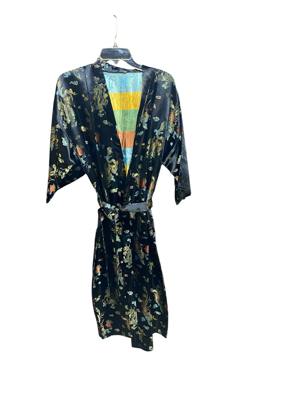 Black Gold satin kimono robe traditional Asian dragon embroidery Boho Whimsical - Picture 4 of 14